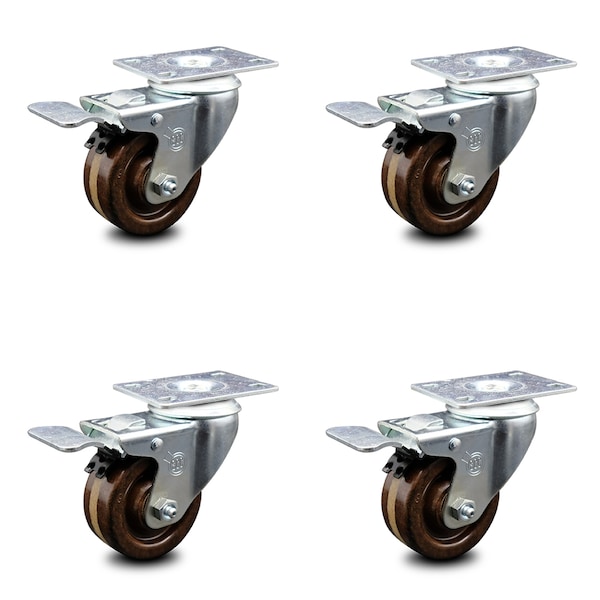 Service Caster 3 Inch High Temp Phenolic Swivel Top Plate Caster Set with Total Lock Brake SCC SCC-TTL20S314-PHSHT-4 - main